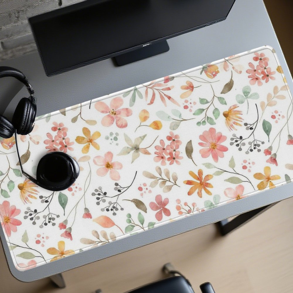 Yellow Desk Setup - Pink Yellow Floral Mouse Pad Desk