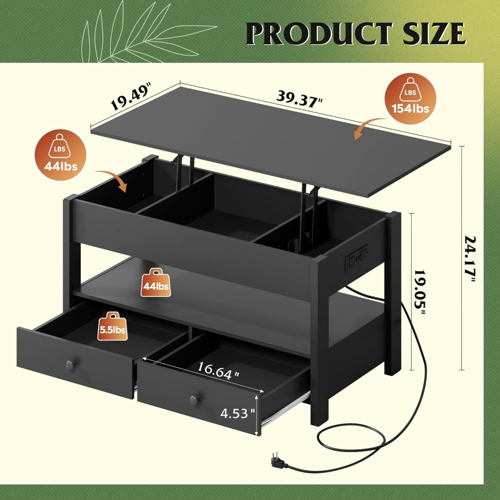 WLIVE Black Lift Top Coffee Ta - Desk Setup Shelves ulasan dan harga