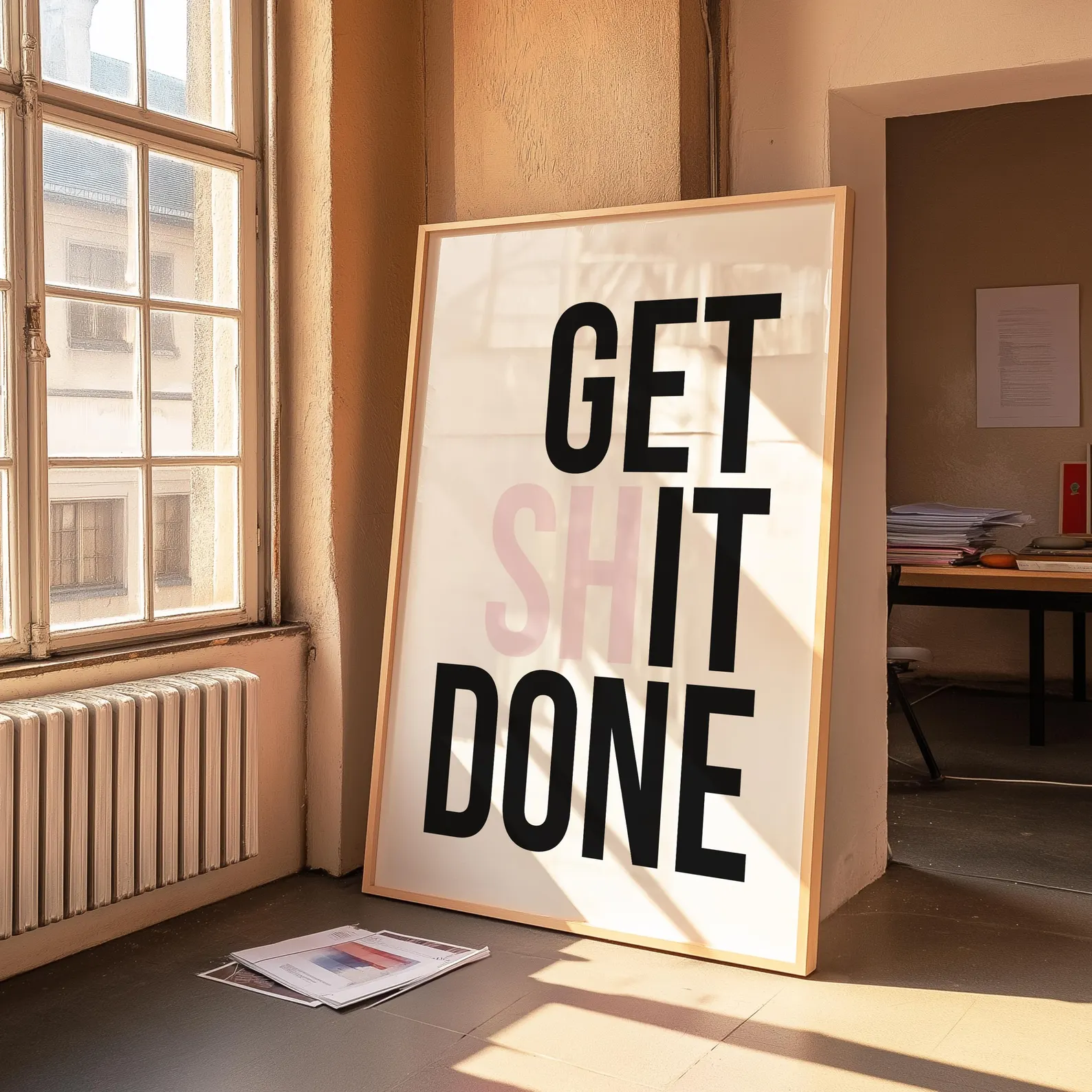 Get shit done, office art, mot - Desk Setup Poster ulasan dan harga