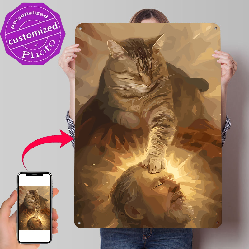 Cat Blessing a Man Tinplate Po - Desk Setup Poster ulasan dan harga