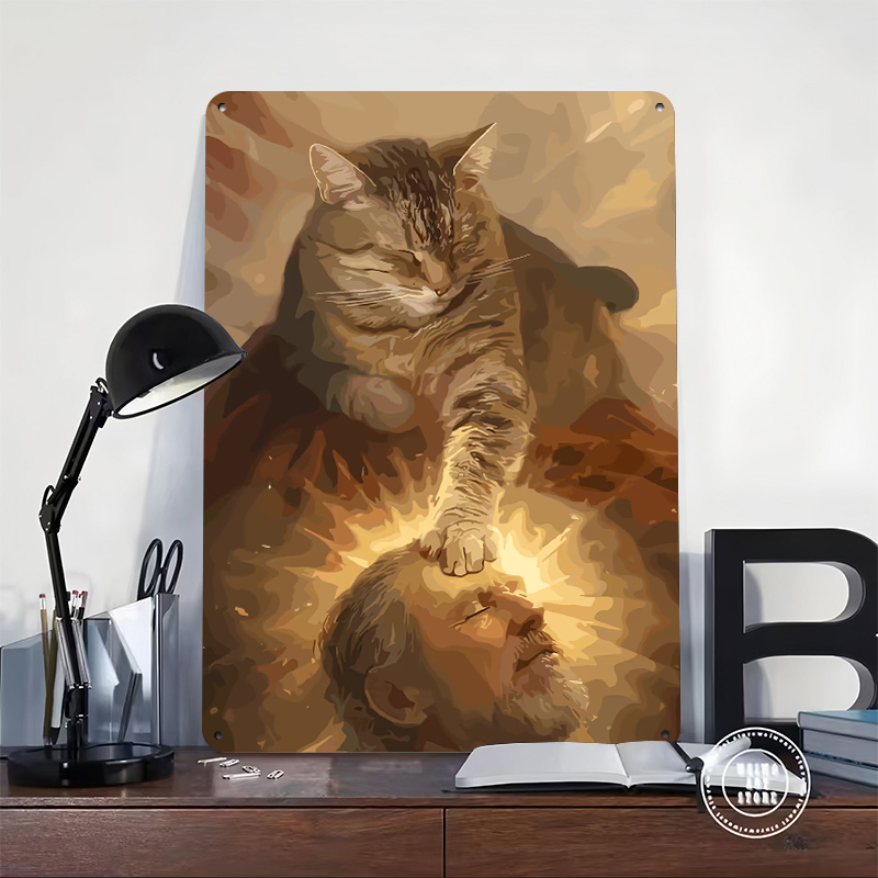 Cat Blessing a Man Tinplate Po - Desk Setup Poster ulasan dan harga