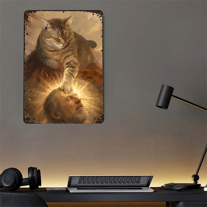 Cat Blessing a Man Tinplate Po - Desk Setup Poster ulasan dan harga