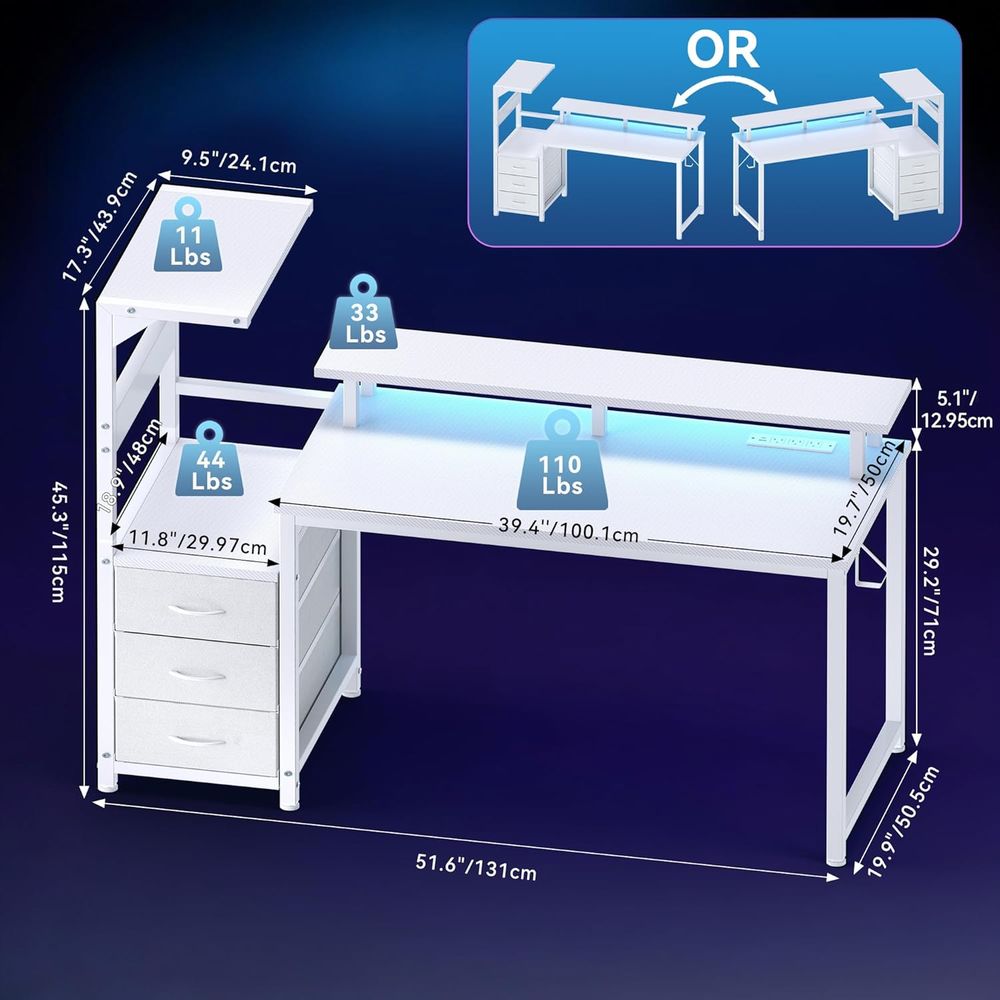 White 52 L-Shaped Gaming Desk  - Desk Setup White ulasan dan harga
